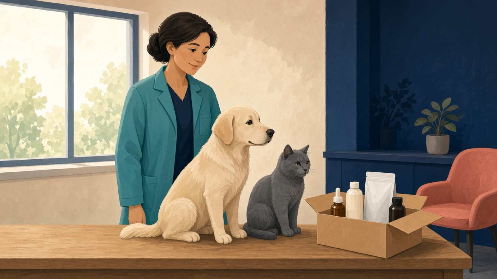 A veterinarian with a dog, a cat, and a sample box